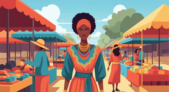 Detailed vector illustration of a confident African woman in traditional attire and headwrap standing in a vibrant outdoor marketplace with various food stalls and vendors.