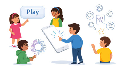 Fototapeta premium Tech-Savvy Youth: Group of children interact with a digital tablet and virtual interface, emphasizing technological familiarity and collaborative exploration.