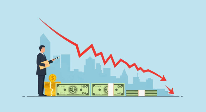 Conceptual vector illustration of Iranian Rial currency devaluation showing a businessman, banknotes, gold dollar coins, and a red declining arrow over a city skyline background.