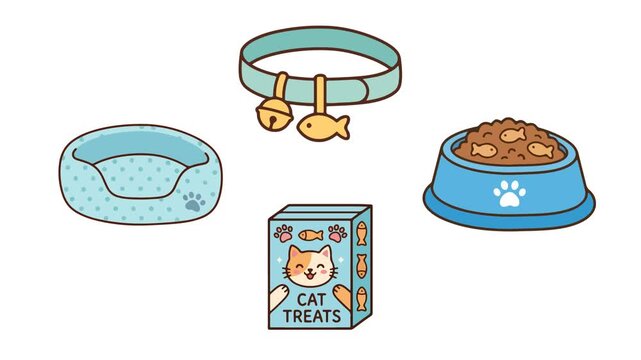 Adorable animated cat supplies video clip with food bowl collar bed and treats animation