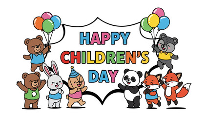 Fototapeta premium Celebratory Children's Day: A vibrant illustration for Children's Day, featuring an array of adorable animals, each clutching balloons, celebrating joy and happiness. 