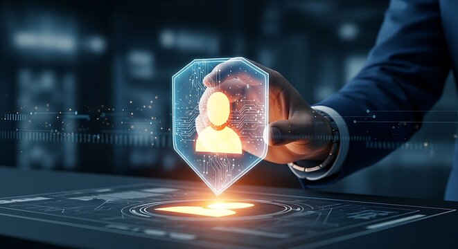 Privacy shield and data protection. A security specialist's hand places a translucent 'privacy shield' over a user profile icon.