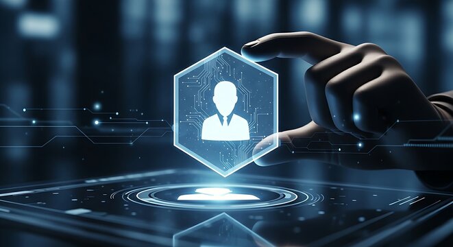 Privacy shield and data protection. A security specialist's hand places a translucent 'privacy shield' over a user profile icon.