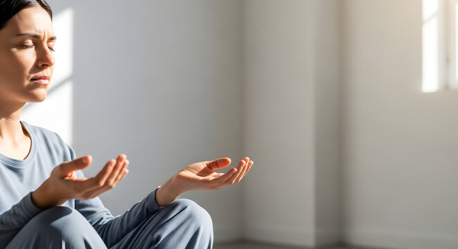 Woman meditating or praying with hands open and eyes closed in peaceful light well being spiritual