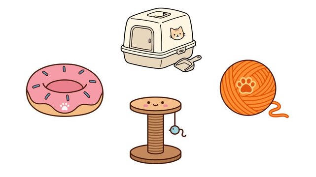 Cute cat supplies and accessories set featuring a litter box scratching post donut toy and yarn ball animation footage