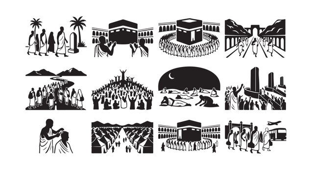 Hajj Pilgrimage Illustration Set Depicting Rituals at Kaaba and Holy Sites