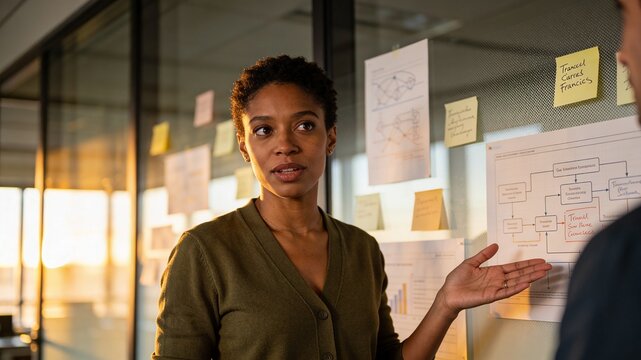 Young Ethiopian Female AI Safety Engineer Gestures at Workflow Diagram on Office Board in San Francisco Golden Hour