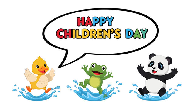 Children's Day: A whimsical illustration featuring a chick, frog, and panda, joyfully celebrating Children's Day, capturing the essence of childhood happiness and playfulness.