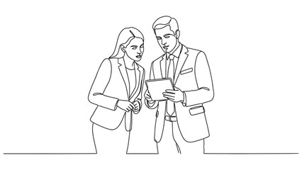 Obraz premium Business professionals collaborating on a digital tablet in a continuous line drawing.