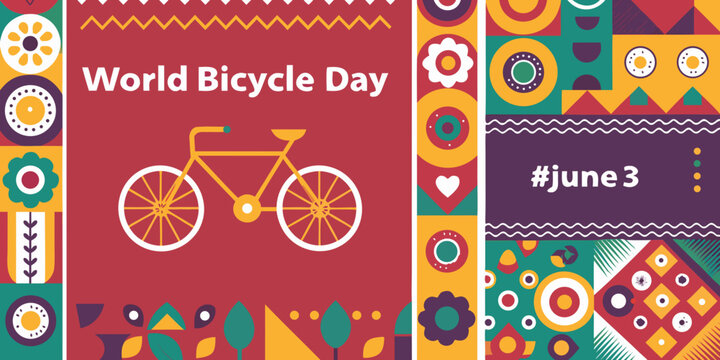 World bicycle day banner with illustrated bicycle and colorful geometric patterns