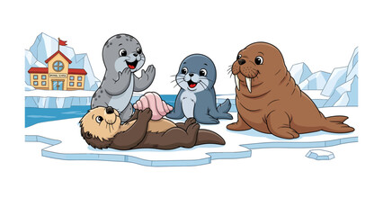 Cute Arctic Marine Life Illustration: A delightful illustration featuring an adorable group of arctic animals in their snowy habitat, embodying warmth and charm. © azizunnahar