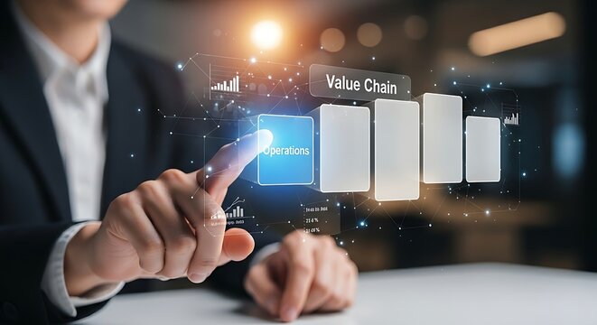 Value chain analysis. A business analyst's hands touch one of five blocks in a holographic 'value chain', causing it to stand out for analysis.