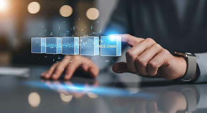 Value chain analysis. A business analyst's hands touch one of five blocks in a holographic 'value chain', causing it to stand out for analysis.