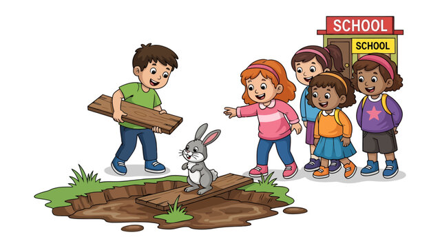 The Children's Kind Act: A heartwarming depiction of children helping a bunny cross a gap. They are using wooden planks and their kindness to show care
