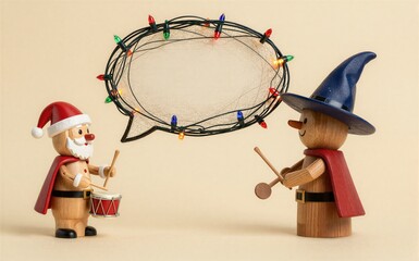 Naklejka premium Santa and wizard play drums festive lights glow around them.