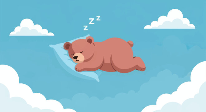 Vector illustration of a brown bear sleeping on a blue pillow while floating in a blue sky with white clouds and snoring letter symbols, designed in a flat cartoon style.