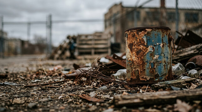 Rusty paint can in an abandoned dump site, evoking a sense of neglect and decay, contrasted against a gloomy urban background. Paint can rusting dump site