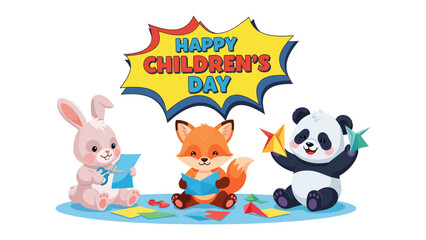 Fototapeta premium Celebratory Children's Day: Adorable animated rabbit, fox, and panda engage in heartwarming activities against a vibrant backdrop, celebrating the joyous occasion.