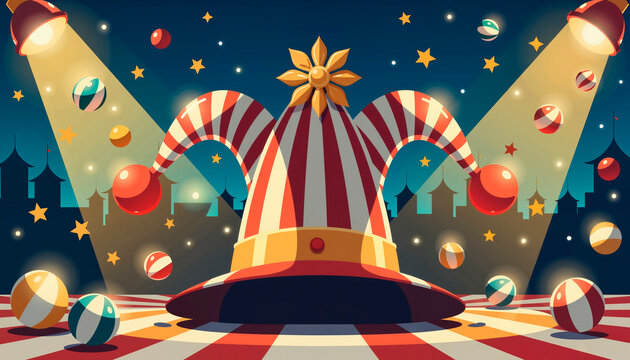 Colorful jester hat with festive balls under stage lights in a circus setting  