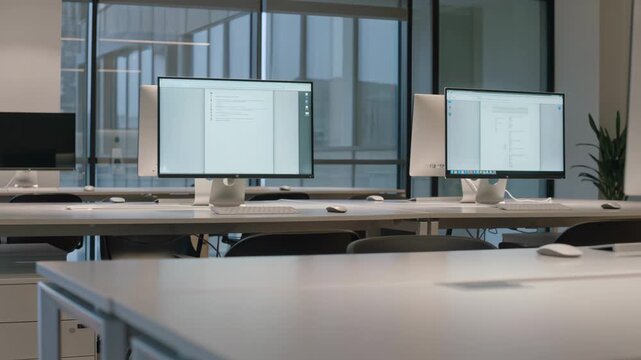 Empty office workspace with multiple monitors, slow pan shot, modern corporate interior with large windows daylight 4K