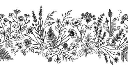 Wild herbs and flowers seamless horizontal pattern botanical line art vector illustration © MdArif