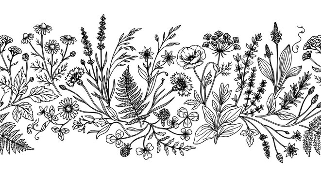 Wild herbs and flowers seamless horizontal pattern botanical line art vector illustration
