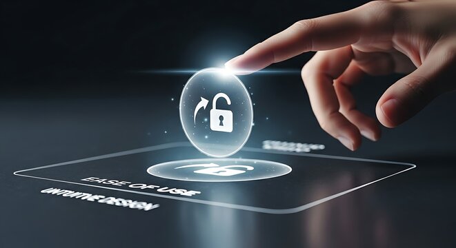 Intuitive user interface (UI). A close-up of a hand gently touching an icon on an extremely clean and minimalist holographic interface, representing ease of use.