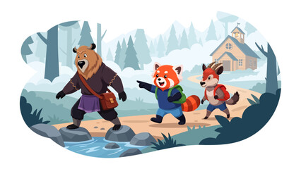 Fototapeta premium Journey through the Wilderness: A trio of adventurous animals, including a bear, a red panda, and a fox, embark on an exciting journey, traversing a serene path toward a quaint church.