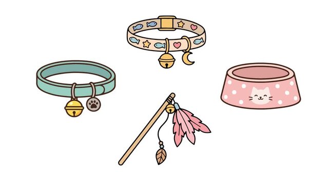 Cat accessories collection displaying collars and a feeding bowl in a fun animated motion footage for cute pet care needs