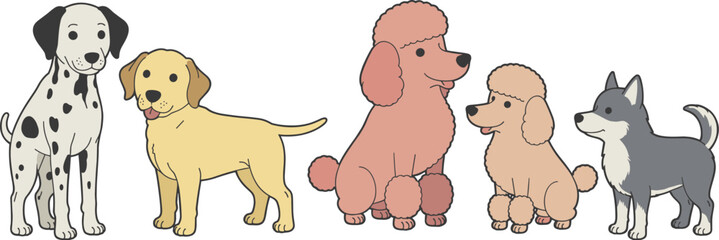 Cartoon illustration of five different dog breeds standing © Priyom