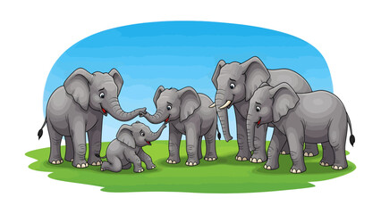 Elephant Family Bonding: A heartwarming depiction of an elephant family, with adults lovingly interacting with their young in a lush, grassy setting. © Atiya