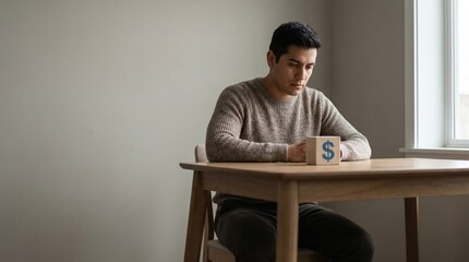 Fototapeta premium Man sits alone at a table with a mug, conveying quiet reflection in a softly lit interior.