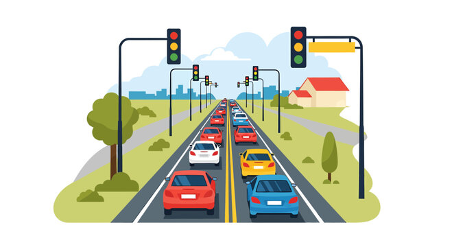 Busy urban road traffic with cars and stoplights in green landscape