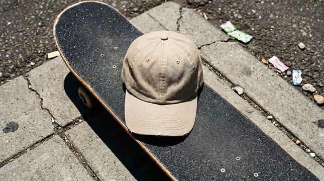 Realistic mockup of a blank beige dad hat resting on the grip tape of a skateboard on a rough concrete sidewalk.