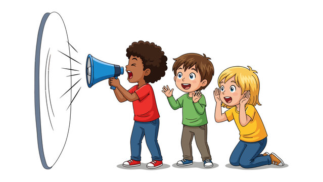Amplifying Voices: A vivid illustration depicts three children, one confidently using a megaphone to broadcast a message while the others react with curiosity and surprise.