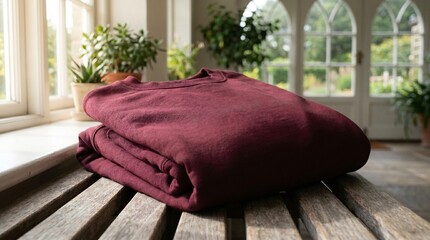 A neatly folded maroon or burgundy crewneck sweatshirt made of heavy cotton fleece, resting on a rustic sunlit wooden bench with potted plants and arched windows in the background. © Pedro Fiuza