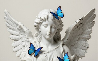 Naklejka premium White angel statue with vibrant blue butterflies resting on its wings