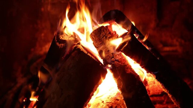 Wood burning in fireplace at home, closeup