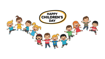 Fototapeta premium Happy Children's Day: A vibrant illustration celebrates childhood with a joyful group of kids, symbolizing unity, innocence, and the spirit of youth.