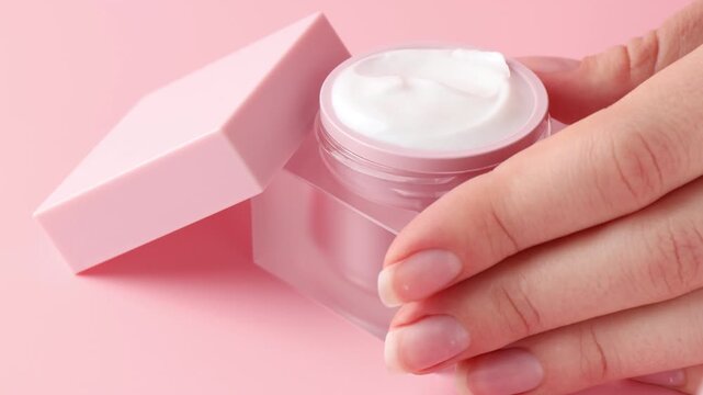 Woman taking cream from jar on pink background, closeup