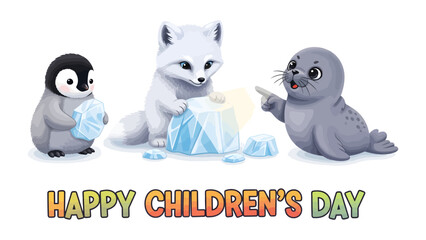 Happy Children's Day: Delightful penguin, playful arctic fox, and curious seal celebrate Children's Day with an icy adventure, exuding joy and friendship © Azizun