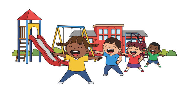Playground Joy: A group of diverse children are beaming with joy as they frolic on a lively playground, celebrating carefree days of youth and the vibrant essence of childhood