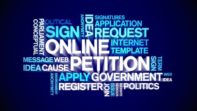 Online Petition animated word cloud-text design animation tag kinetic typography seamless loop.