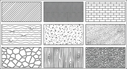 Architectural and Material Texture Pattern Set, Construction Surface Vector Symbols Collection. Landscape Architecture CAD Hatch Pattern Set Grass Water Stone Wall Texture Elements Collection © MDRAJU