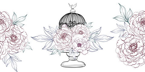Peony and bird cage seamless border. Romantic floral pattern for decor and design © Yekaterina Kashutina