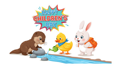 Fototapeta premium Happy Children's Day Celebration with Animals: A heartwarming scene, a celebration of childhood, featuring adorable animal friends engaged in joyful activities. A Duck, bunny.