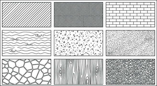 Architectural and Material Texture Pattern Set, Construction Surface Vector Symbols Collection. Landscape Architecture CAD Hatch Pattern Set Grass Water Stone Wall Texture Elements Collection