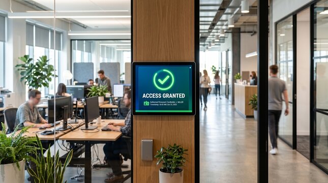 Modern office interior with access granted screen on wooden pillar and employees working at desks