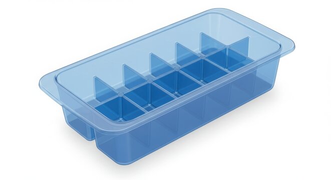 Blue Plastic Ice Tray with Multiple Compartments for Freezing Cubes.