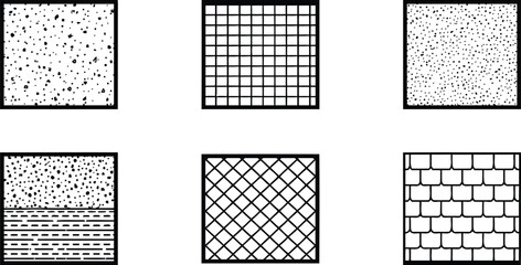 Architectural and Material Texture Pattern Set, Construction Surface Vector Symbols Collection. Landscape Architecture CAD Hatch Pattern Set Grass Water Stone Wall Texture Elements Collection © MDRAJU